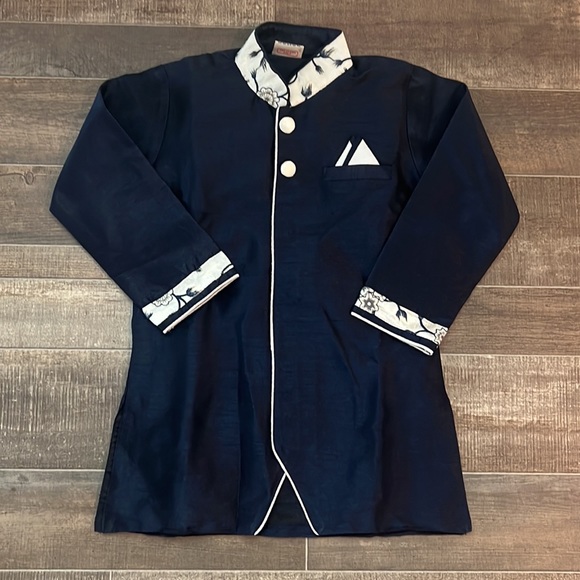 Indian Ethnic Asian 3 Piece Boy Kurta Pajama Waistcoat Floral Blue White SZ 4 - Picture 6 of 6